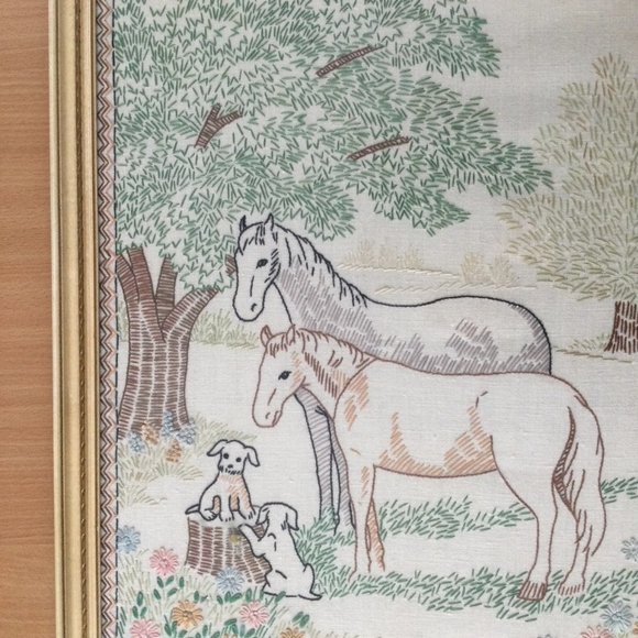 Vintage T.Eaton Co hand embroidery picture framed flowers, tree, horse, puppy - Picture 2 of 7